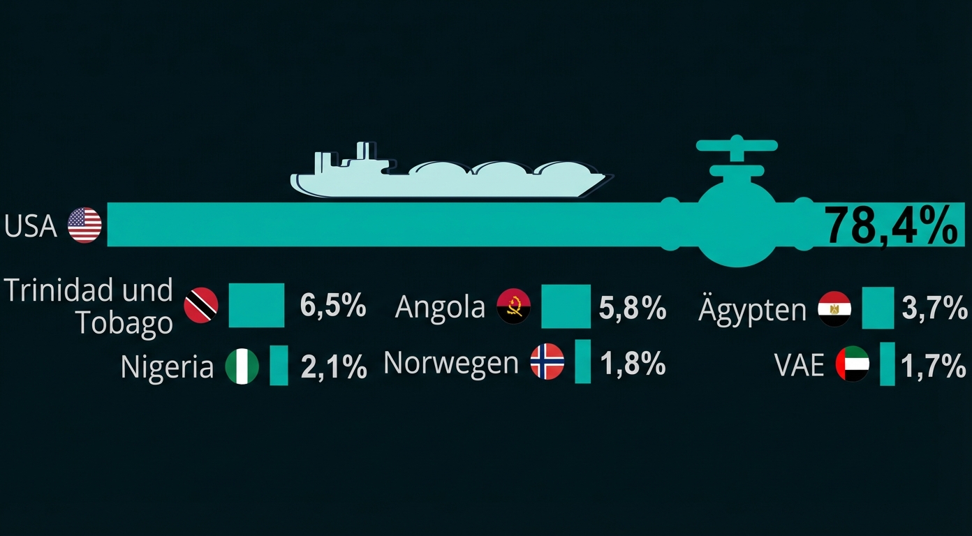 Infografik: USA dominiert mit 78,4%, daneben kleinere Anteile von Trinidad und Tobago, Angola, Ägypten, Nigeria, Norwegen, VAE.